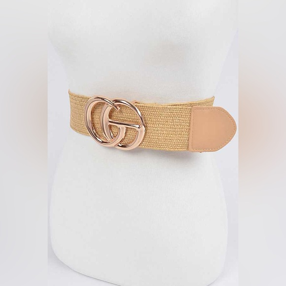 Gold Buckle Elastic Straw Statement Belt - Picture 4 of 6